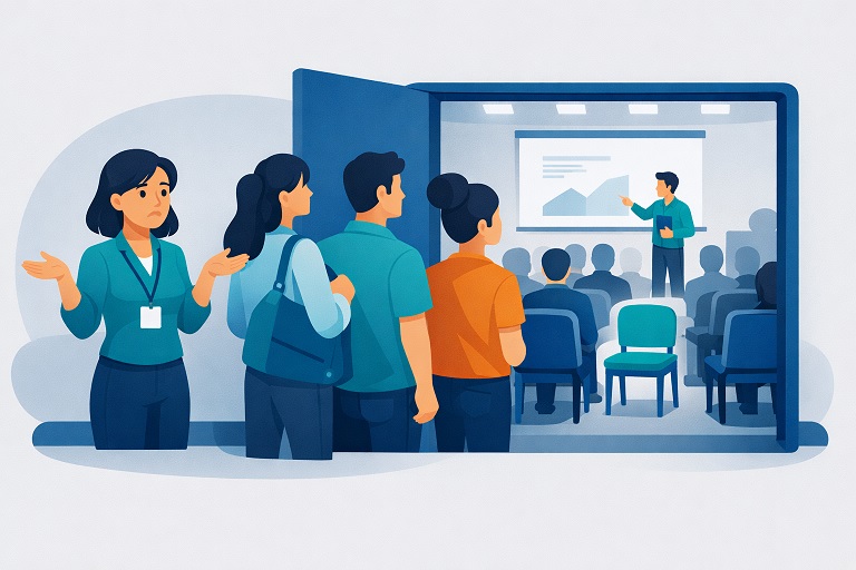 Organizer in a half-empty workshop room after participant cancellations